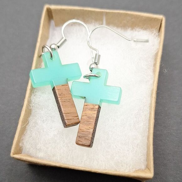 Turquoise and Wood Cross Earrings - Picture 2 of 5